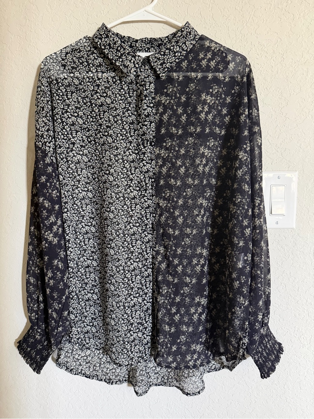 Navy & White Floral Split-Print Long Sleeve Shirt